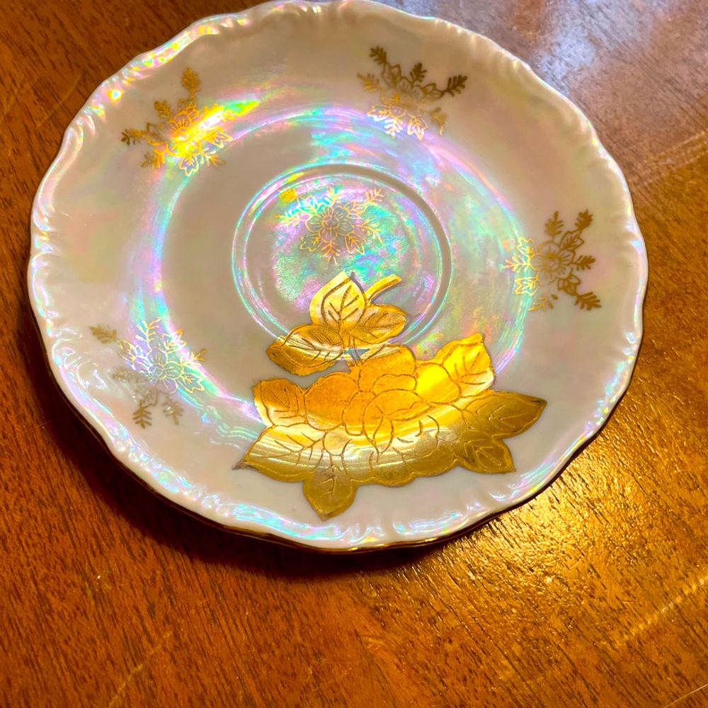 Vintage Opalescent Saucer with Gold Roses